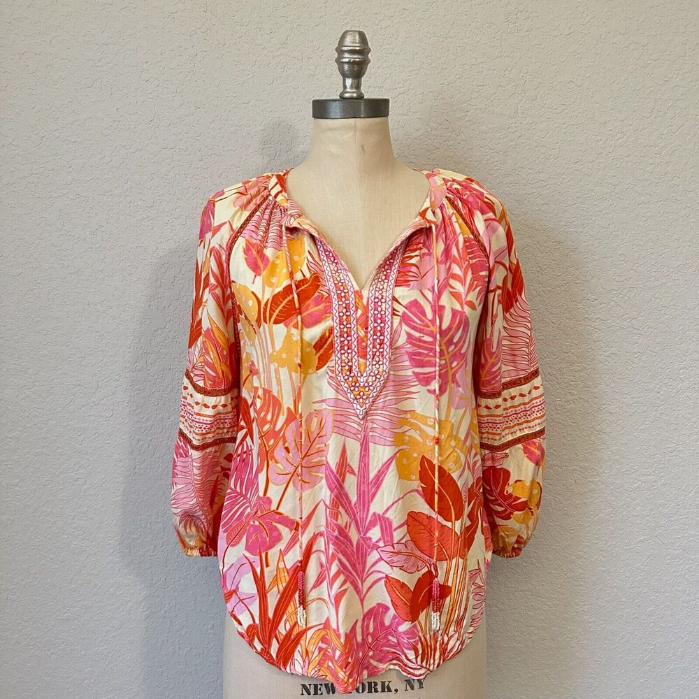 HAUTE HIPPIE Top Blouse Pink Palm Leaves Tropical V-Neck Boho Peasant